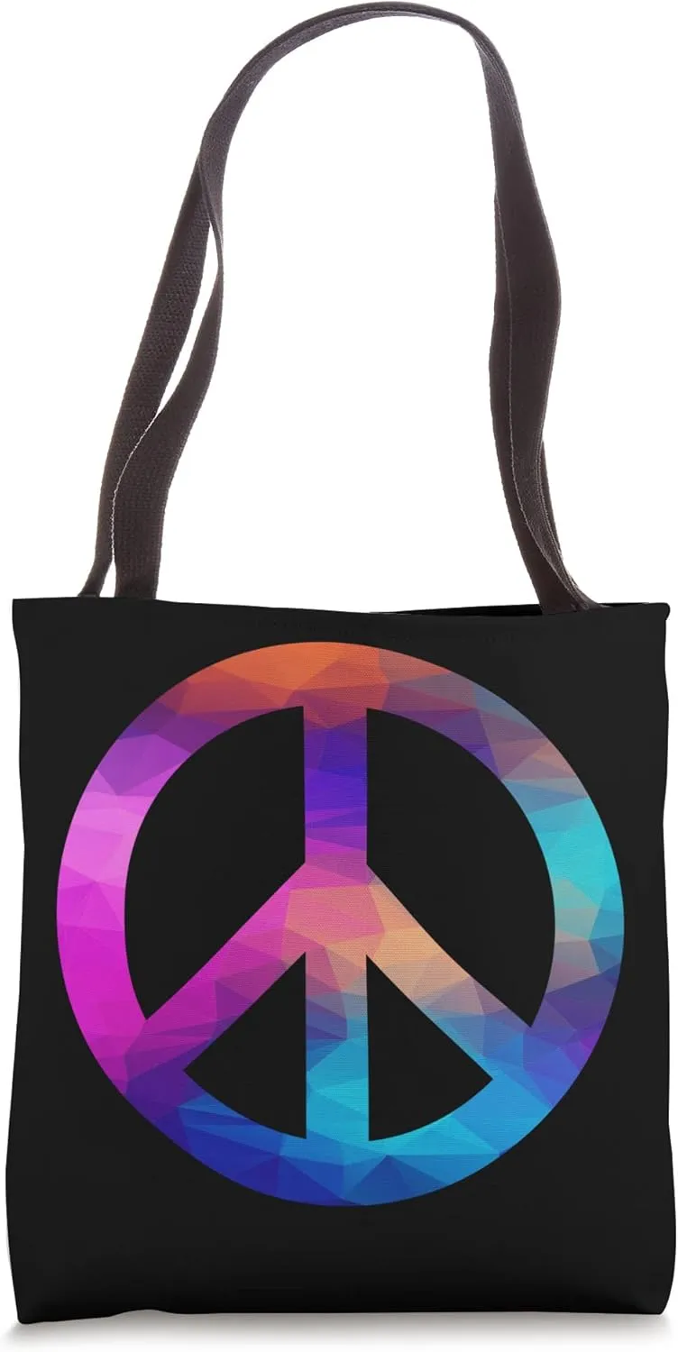 Retro Peace Sign - 70's s Triangles Polygon Colorful Design Tote Bag