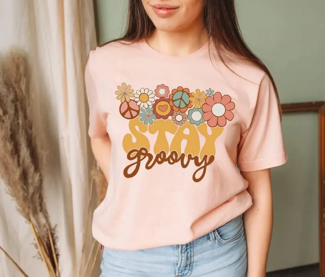 Retro Stay Groovy Shirt for Women Hippie 70s T-Shirt Cute Floral Graphic Tees Casual Summer Short Sleeve Tops