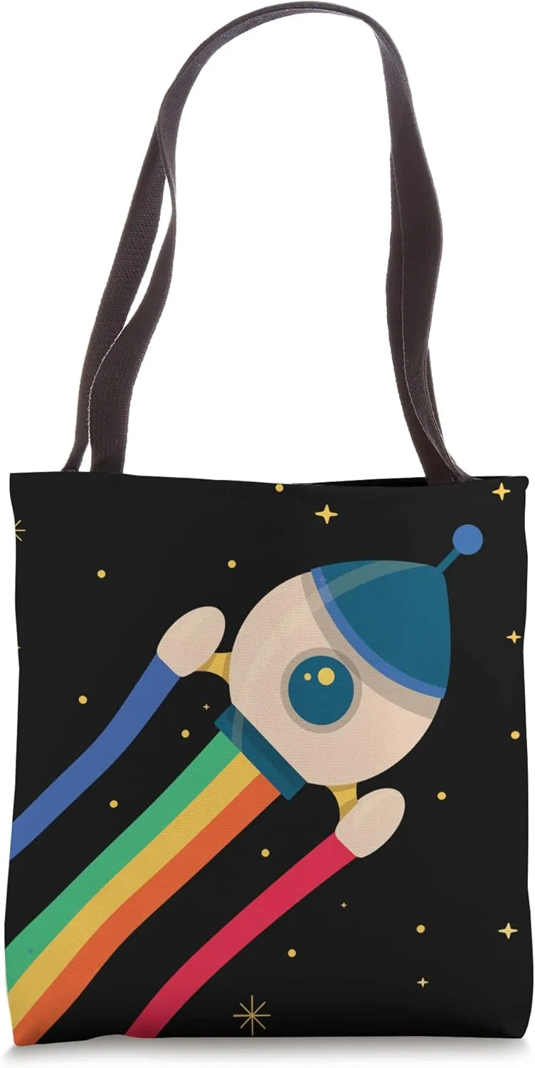 Rocket Rainbow Colors Spaceship Moon Planet Spacecraft Tote Bag