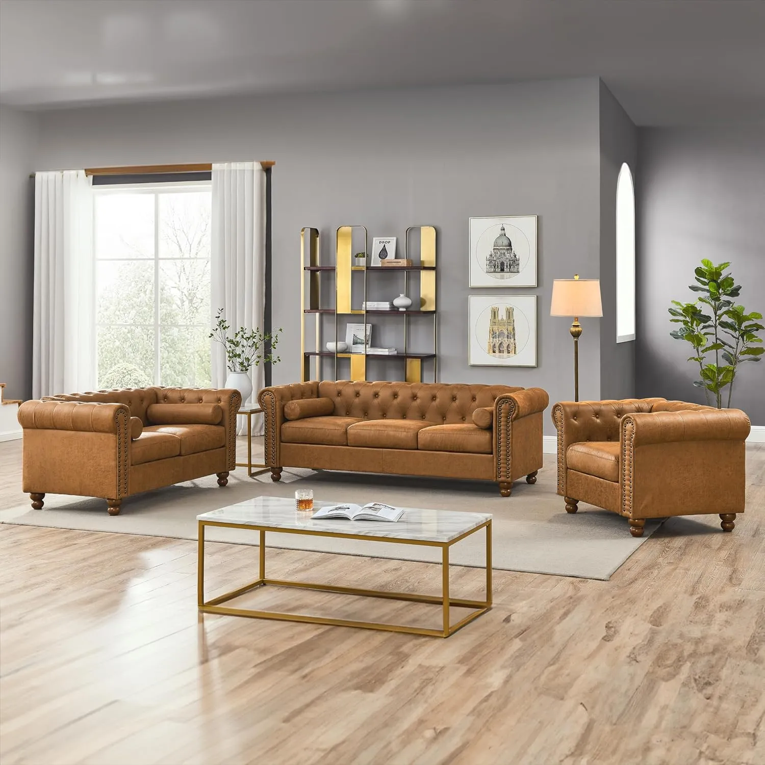 Rolled Arm Air Leather Club Chair Set of 2, 2-Piece Accent Chair Set for Living Room Small Apartment Office Décor