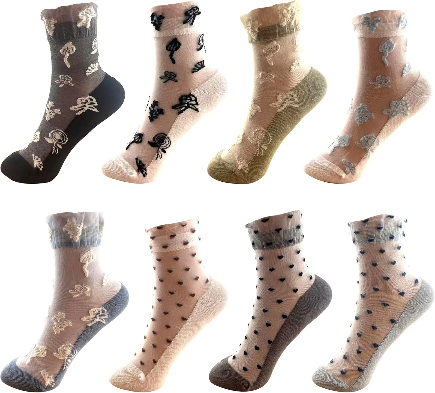 Ruffle Sheer Socks Floral Ankle Mesh Socks 8 Pairs