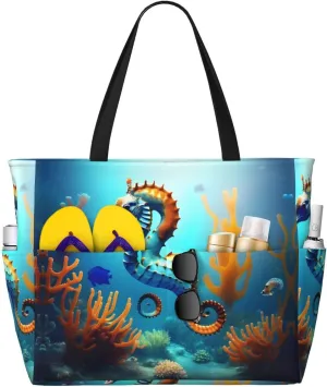 Seabed coral seahorse Waterproof Durable Lightweight Tote Bag â€“ Travel Handbag with Multi-Pocket Design and Stylish Honeycomb Pattern, Black, One Size