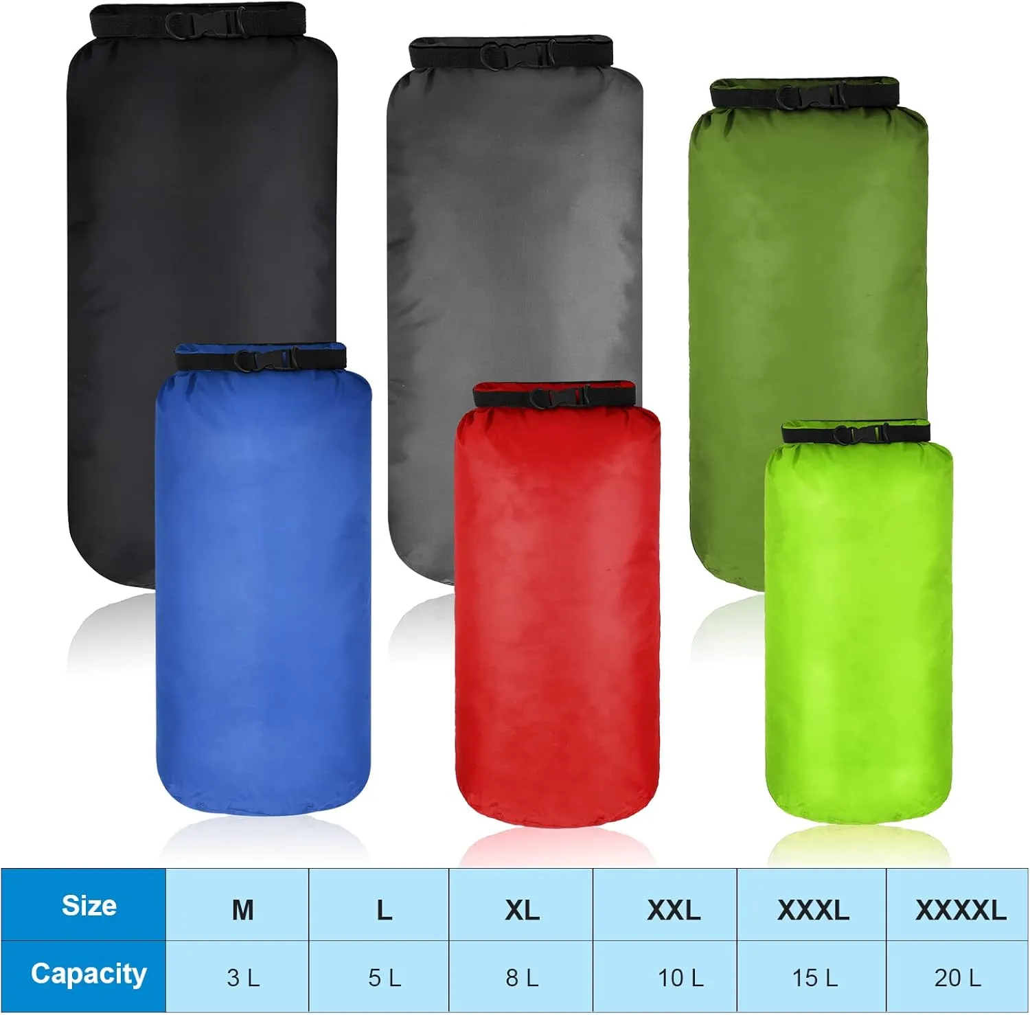 Shappy 6 Pcs Waterproof Dry Bag Set Dry Sacks Lightweight Airtight Combo Set with 20 L 15 L 10 L 8 L 5 L 3 L Sacks and Long Adjustable Shoulder Strap for Boating Hiking Camping