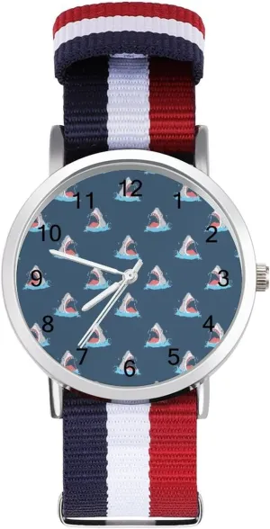 Shark Pattern Soft Nylon Watch Adjustable Wrist Watch Woven Band Birthday Gifts for Men Women