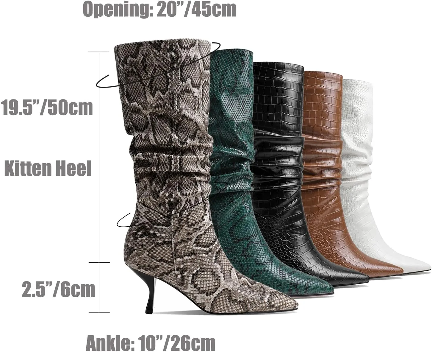 SHODENSE Women Low Kitten Heel Slouch Mid Calf Boots Pointed Closed Toe Wide Calf Western Boots Pull On 2" Thin Heel Tall Crocodile Snakeskin Dress Boots Long Pleated ladies Retro Spring 4-11 M US