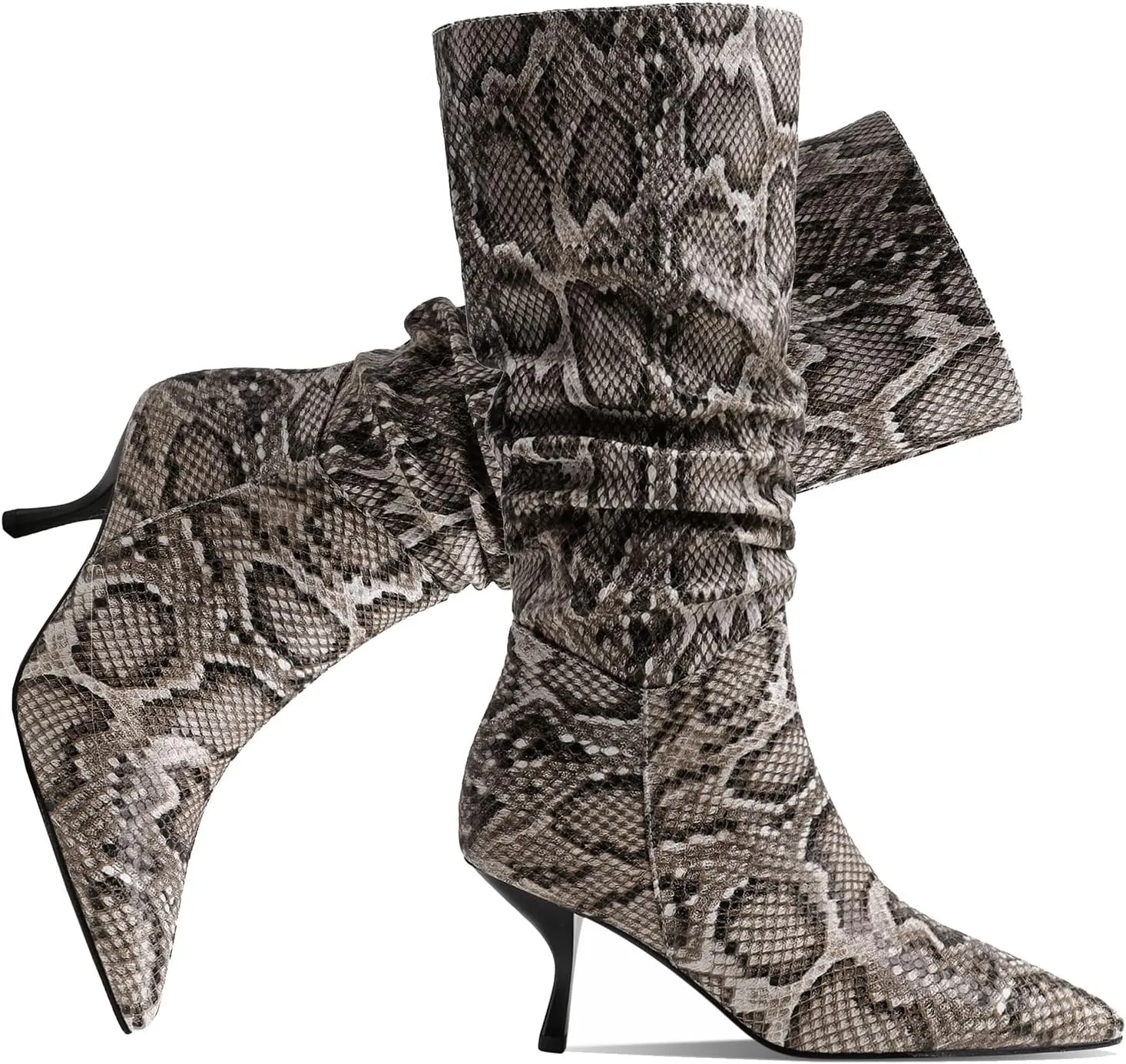 SHODENSE Women Low Kitten Heel Slouch Mid Calf Boots Pointed Closed Toe Wide Calf Western Boots Pull On 2" Thin Heel Tall Crocodile Snakeskin Dress Boots Long Pleated ladies Retro Spring 4-11 M US