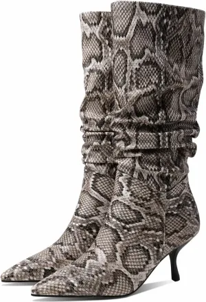 SHODENSE Women Low Kitten Heel Slouch Mid Calf Boots Pointed Closed Toe Wide Calf Western Boots Pull On 2" Thin Heel Tall Crocodile Snakeskin Dress Boots Long Pleated ladies Retro Spring 4-11 M US