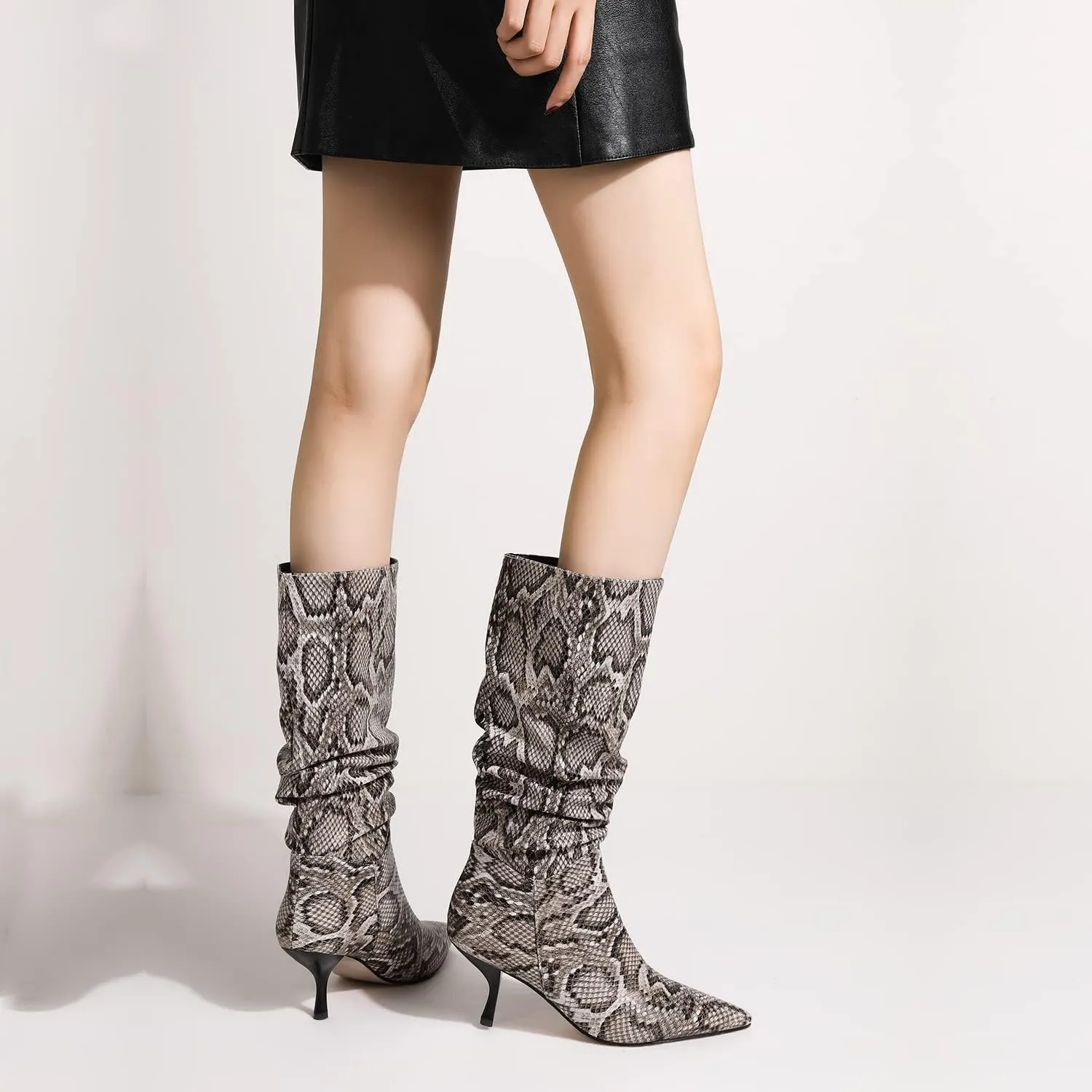 SHODENSE Women Low Kitten Heel Slouch Mid Calf Boots Pointed Closed Toe Wide Calf Western Boots Pull On 2" Thin Heel Tall Crocodile Snakeskin Dress Boots Long Pleated ladies Retro Spring 4-11 M US