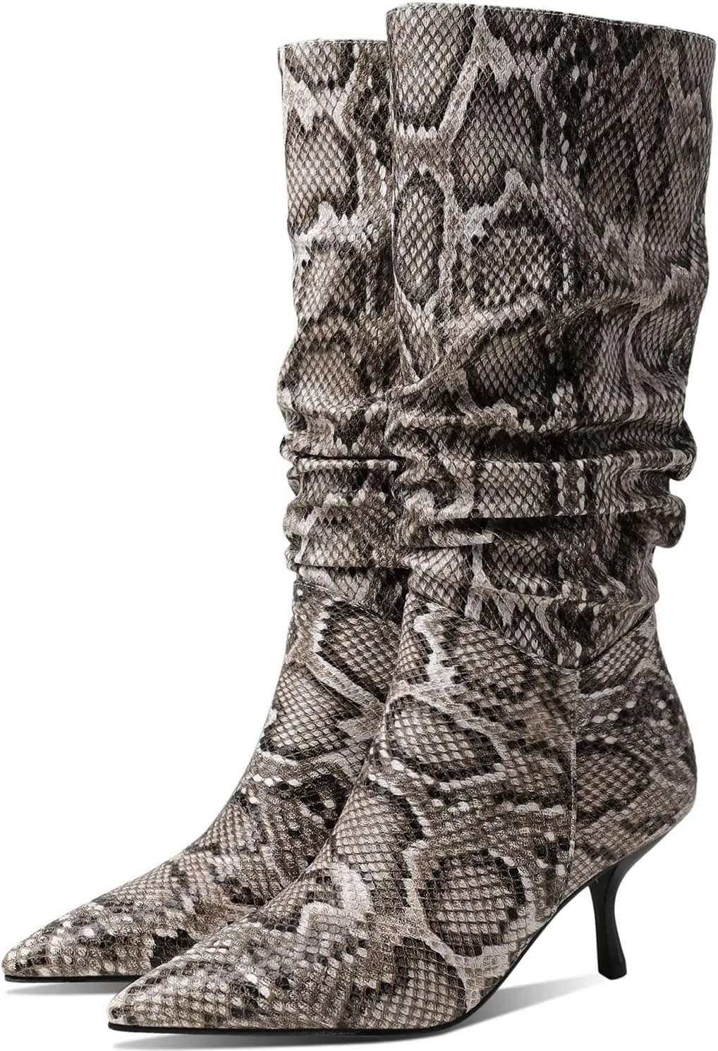 SHODENSE Women Low Kitten Heel Slouch Mid Calf Boots Pointed Closed Toe Wide Calf Western Boots Pull On 2" Thin Heel Tall Crocodile Snakeskin Dress Boots Long Pleated ladies Retro Spring 4-11 M US