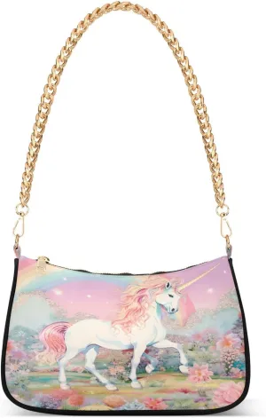 Shoulder Bags for Women Rainbow Unicorn in Mysterious Forest Hobo Tote Handbag Small Clutch Purse with Zipper Closure