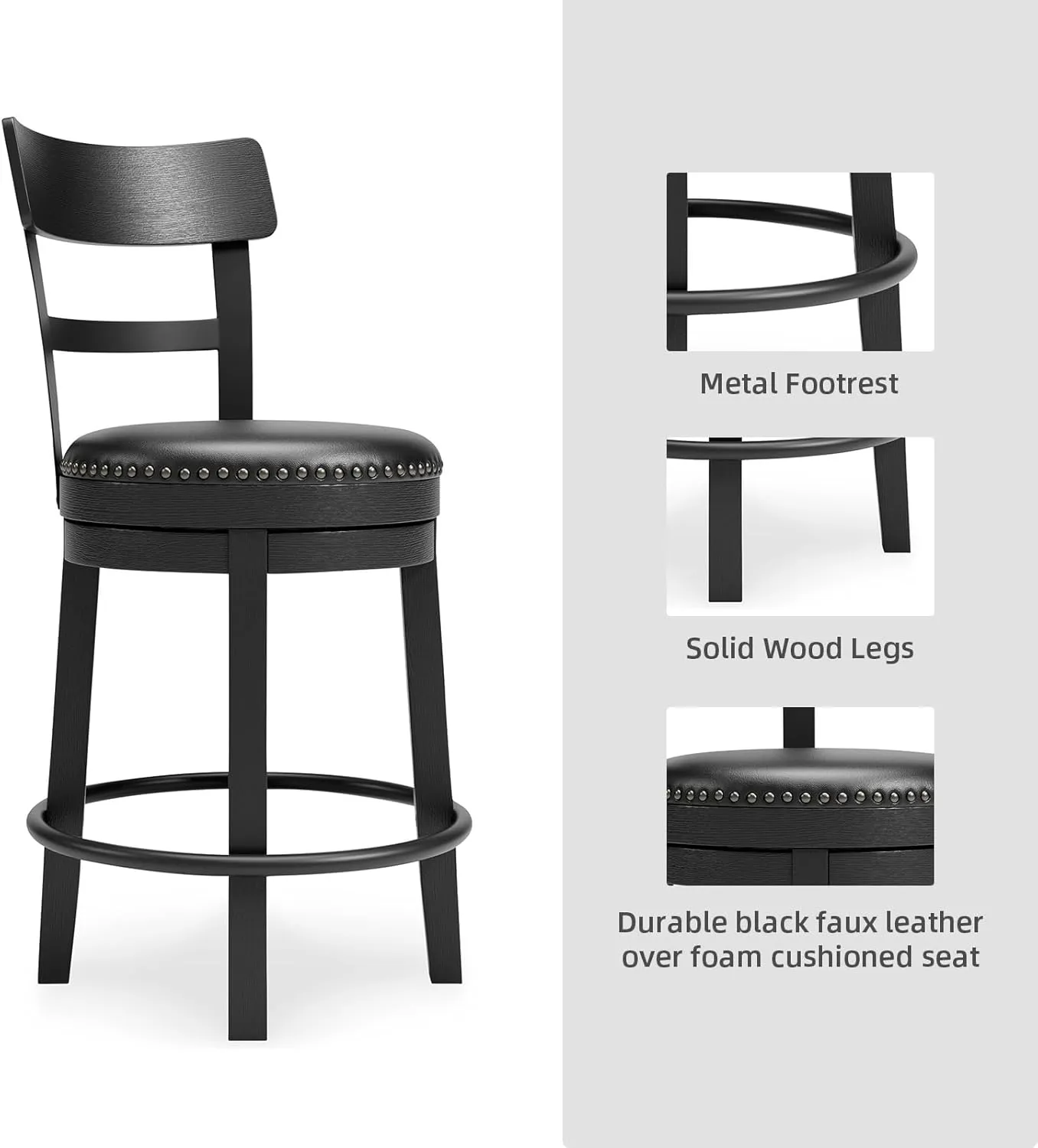 Signature Design by Ashley Valebeck Faux Leather Pub Height Swivel Barstool, 24.38" Seat Height, Black