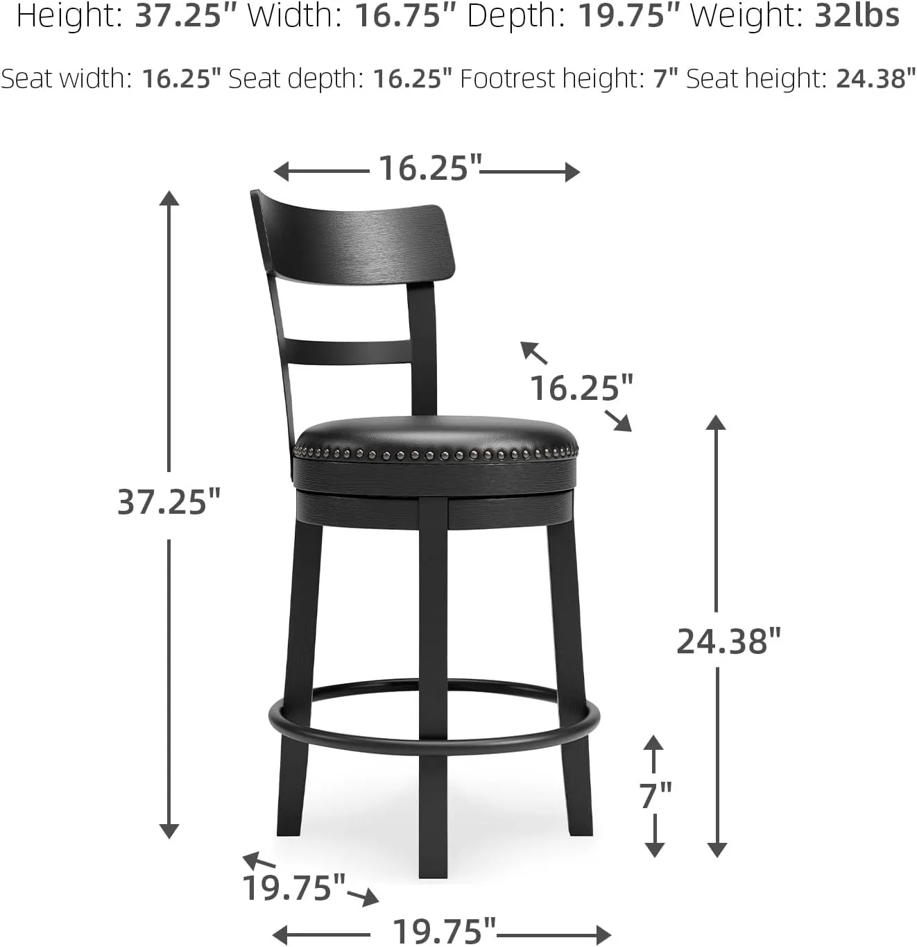 Signature Design by Ashley Valebeck Faux Leather Pub Height Swivel Barstool, 24.38" Seat Height, Black