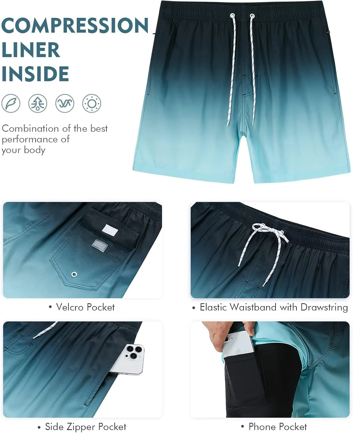 SILKWORLD Mens Swimming Trunks with Compression Liner Quick Dry 5 inch Swim Shorts with Zipper Pockets