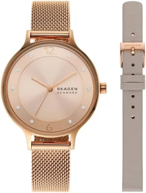 Skagen Women's Anita Lille Three-Hand Rose Gold Stainless Steel Mesh Band Watch and Strap Gift Set (Model: SKW1150SET)