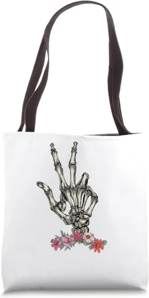 Skeleton Peace Sign Hand Peace Floral Victory Skeleton Hand Tote Bag
