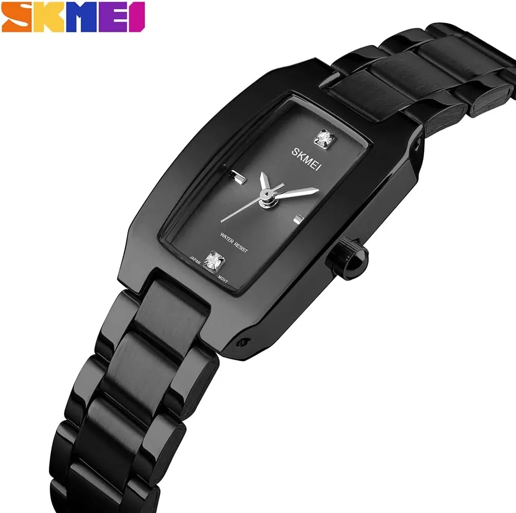 SKMEI Watches for Women Ladies Female Diamond Rose Gold Square Stainless Luxury Fashion Small Slim Analog Quartz Waterproof Dress Casual Simple Wife Girls Gifts Wrist Watch