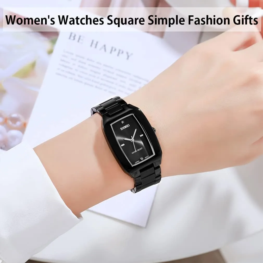 SKMEI Watches for Women Ladies Female Diamond Rose Gold Square Stainless Luxury Fashion Small Slim Analog Quartz Waterproof Dress Casual Simple Wife Girls Gifts Wrist Watch