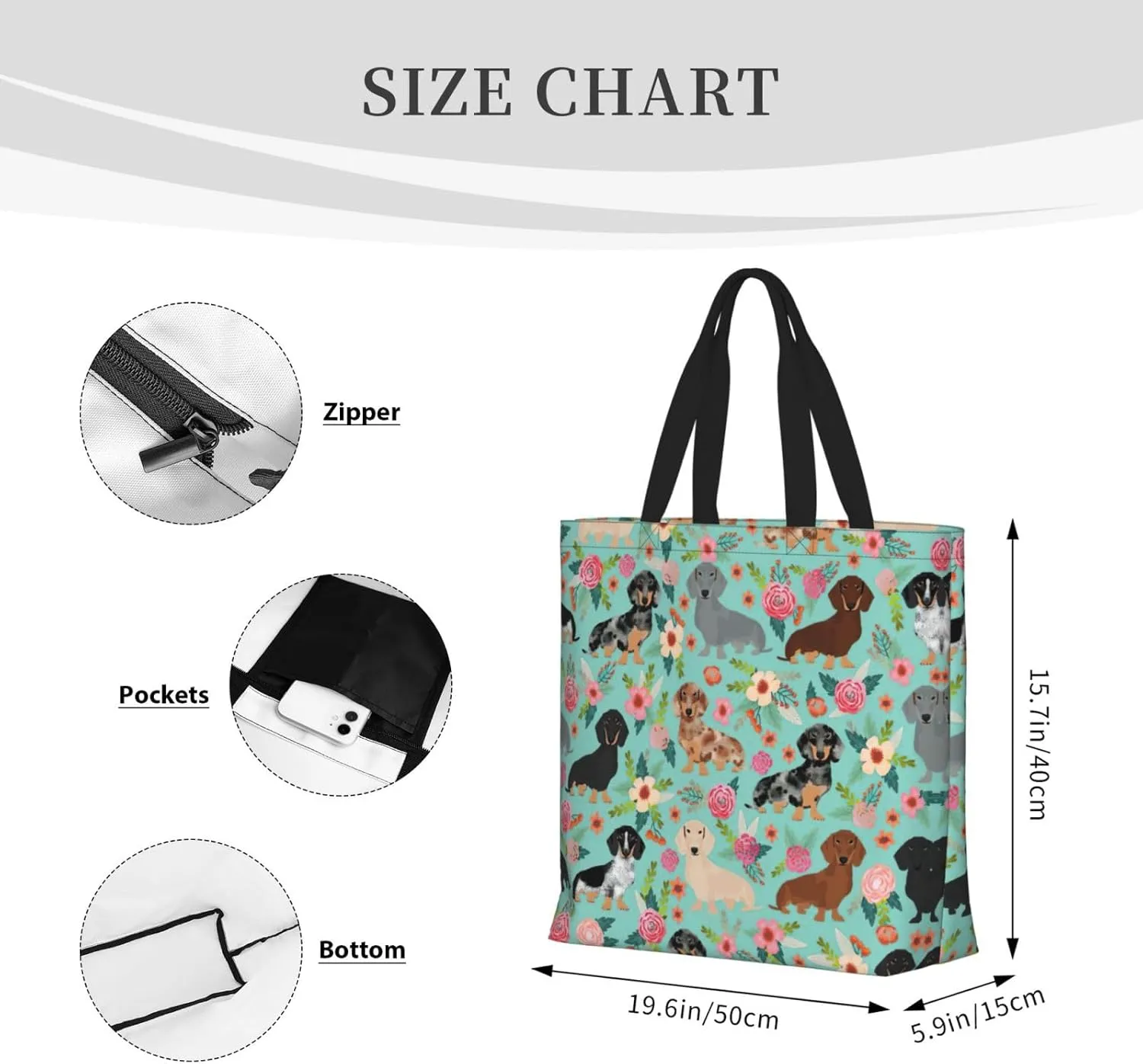 SSIMOO Dog Floral Trendy Fashion Shopping Bags,Zippered Convenience Bag,Shopping Tote And Shoulder Bag