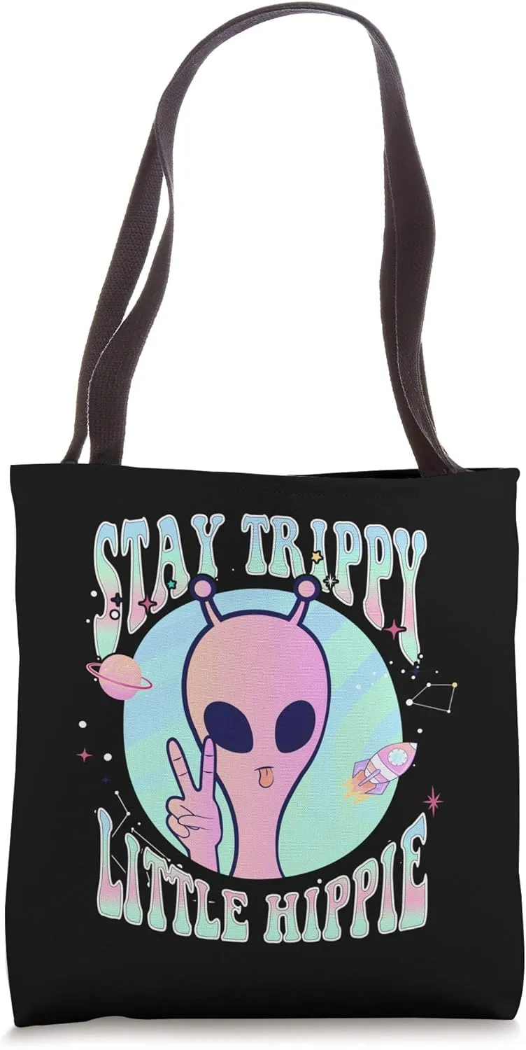 Stay Trippy Little Hippie Art Peace Sign Hand UFO Pink Alien Tote Bag