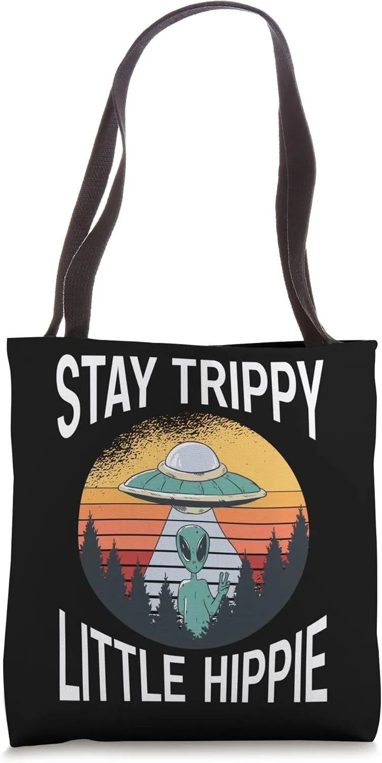 Stay Trippy Small Hippie Aliens Peace Sign Tote Bag
