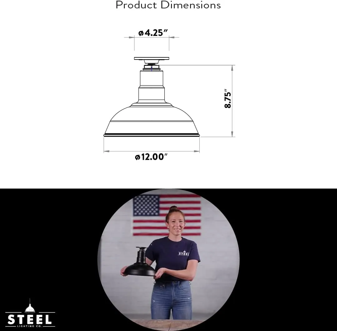 Steel Lighting Co. El Segundo Barn Light | Ceiling Mounted Pendant | 12 inch Dome | Flush Mount | Heavy Duty Steel Farmhouse Light Made in America | Green Exterior/White Interior