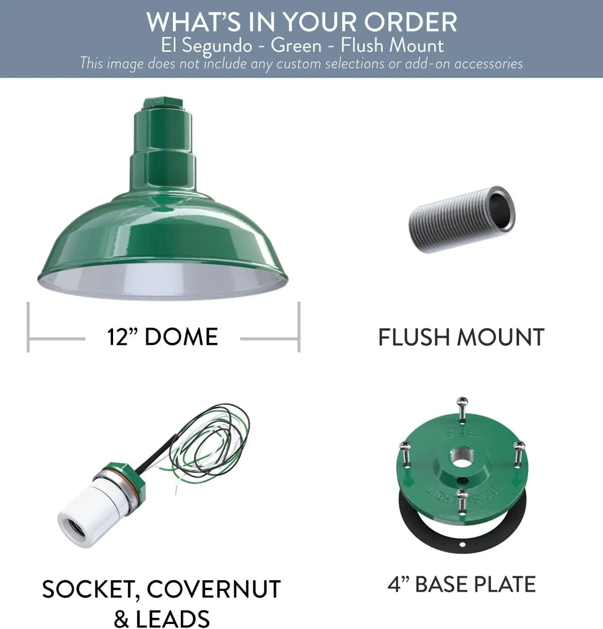 Steel Lighting Co. El Segundo Barn Light | Ceiling Mounted Pendant | 12 inch Dome | Flush Mount | Heavy Duty Steel Farmhouse Light Made in America | Green Exterior/White Interior