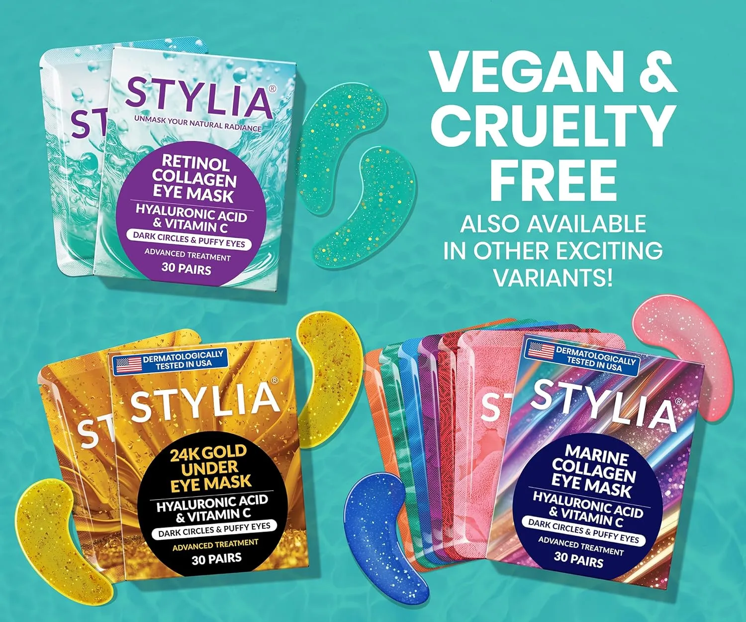 Stylia Under Eye Patches for Puffy Eyes and Dark Circles (30 Pairs) - Marine Collagen Under Eye Mask with Retinol, Vitamin C, Hyaluronic Acid, Pearl Extract - Eye Masks for Dark Circles and Puffiness