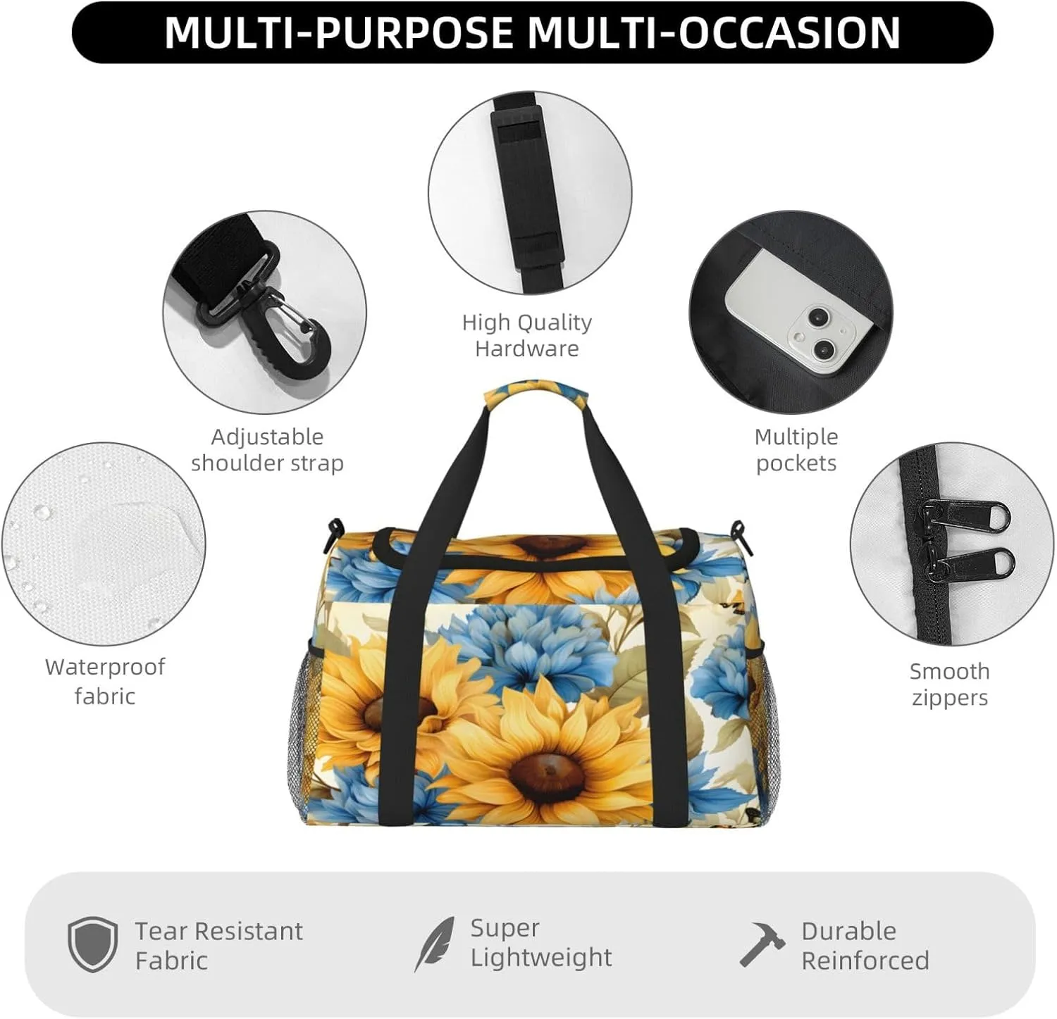 Sunflower Butterfly Pattern Travel Duffel Bag with Strap Multi Pockets Sports Bag Handbag Large Shoulder Bag for Gym Weekend Fitness Camping