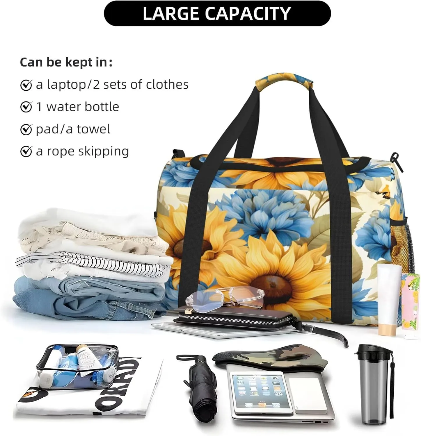 Sunflower Butterfly Pattern Travel Duffel Bag with Strap Multi Pockets Sports Bag Handbag Large Shoulder Bag for Gym Weekend Fitness Camping