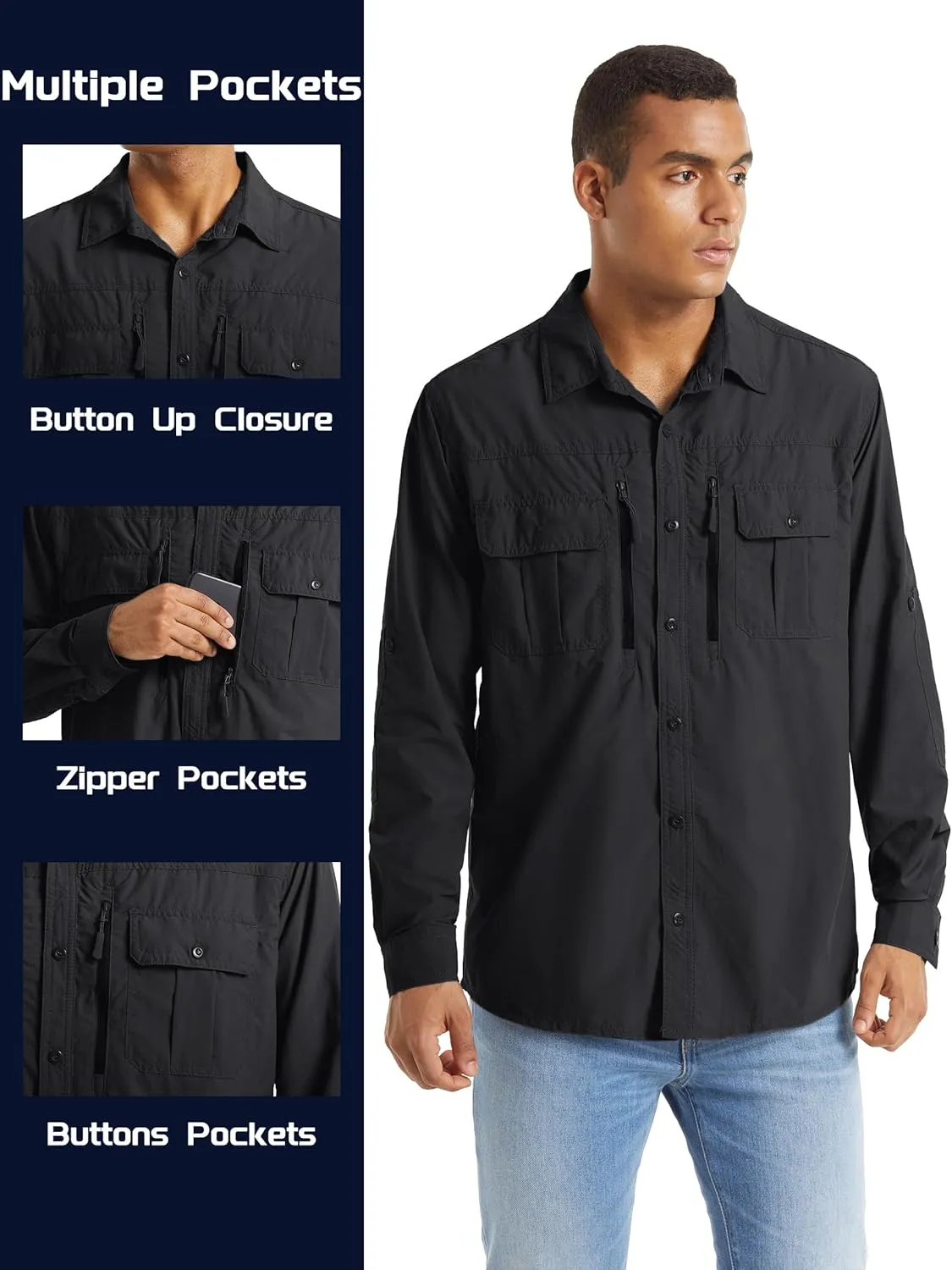 TACVASEN Fishing Shirt for Men, Long Sleeve Shirt Quick Dry Fit, Tactical Shirt Button Up, Work Shirt Lightweight Safari