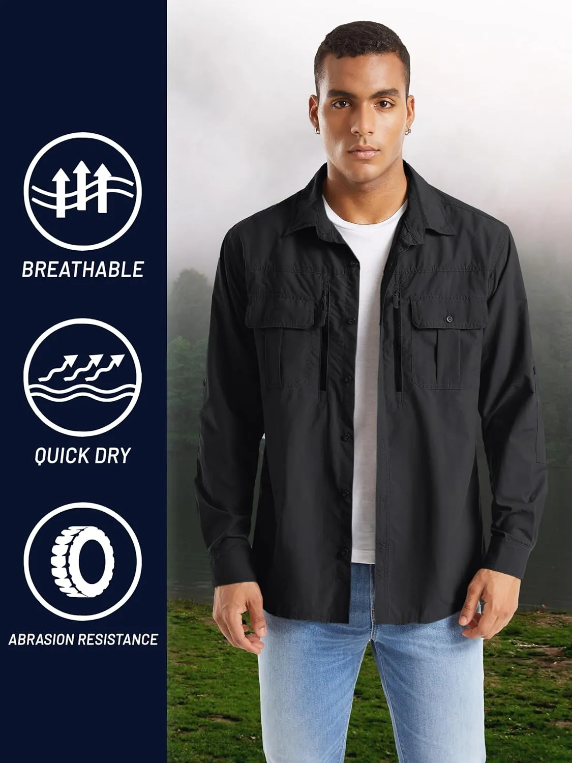 TACVASEN Fishing Shirt for Men, Long Sleeve Shirt Quick Dry Fit, Tactical Shirt Button Up, Work Shirt Lightweight Safari