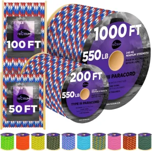 TECEUM Heavy Duty Rope 1000 – 1000ft / 200ft / 100ft / 50ft – 40  Colors – Utility Rope for Survival & Camping Gear – Nylon String, Camping Rope, para Cord, Utility Nylon Rope, Tent Cord