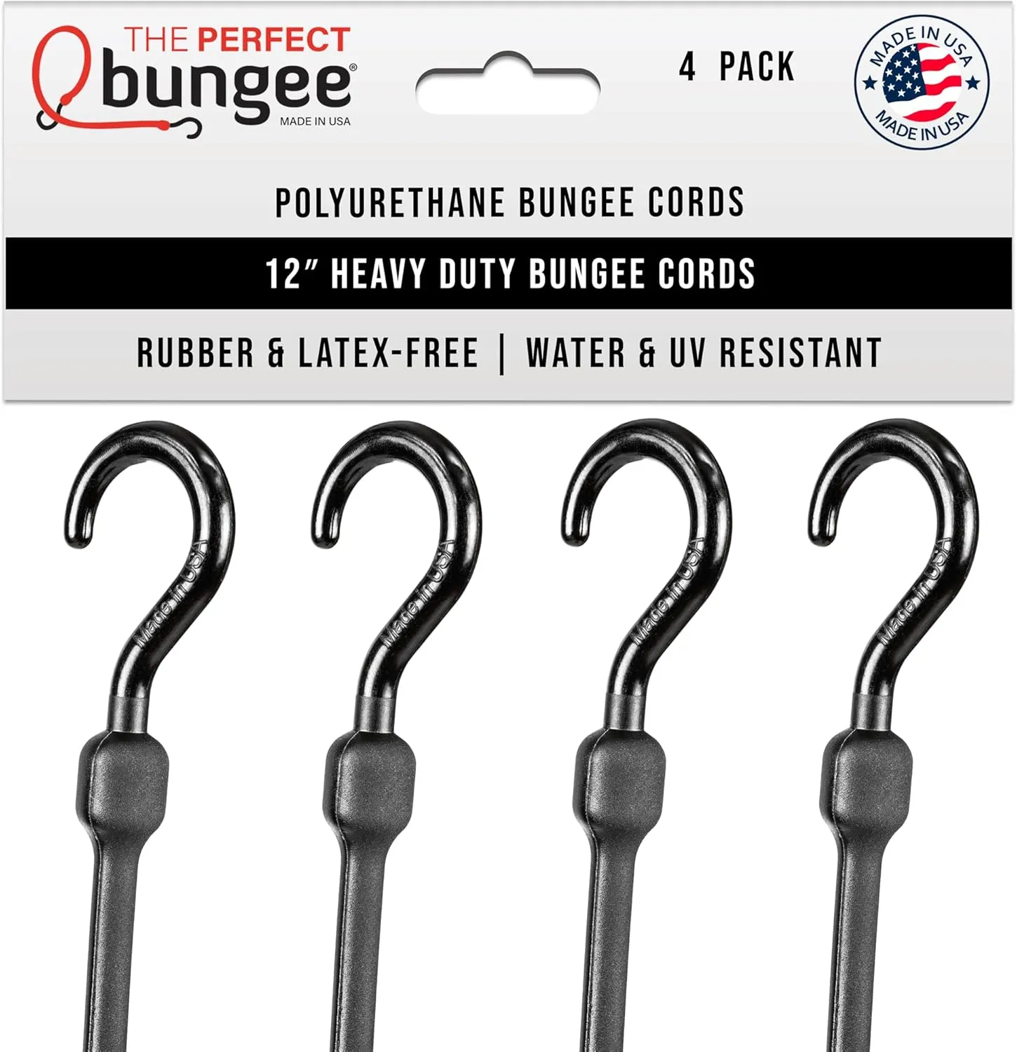 The Perfect Bungee 12 Inch Heavy Duty Bungee Cords, All Weather, All Temp, All Season - 4 Pack, Black - Made in The USA - Stretches Two Times Original Length