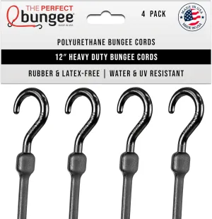The Perfect Bungee 12 Inch Heavy Duty Bungee Cords, All Weather, All Temp, All Season - 4 Pack, Black - Made in The USA - Stretches Two Times Original Length