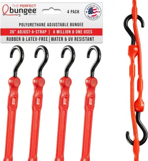 The Perfect Bungee 36" Adjust-A-Strap, Adjustable Heavy Duty Polyurethane Bungee Strap, Heavy Duty Nylon Hooks, Made in the USA, 4 Pack, Red