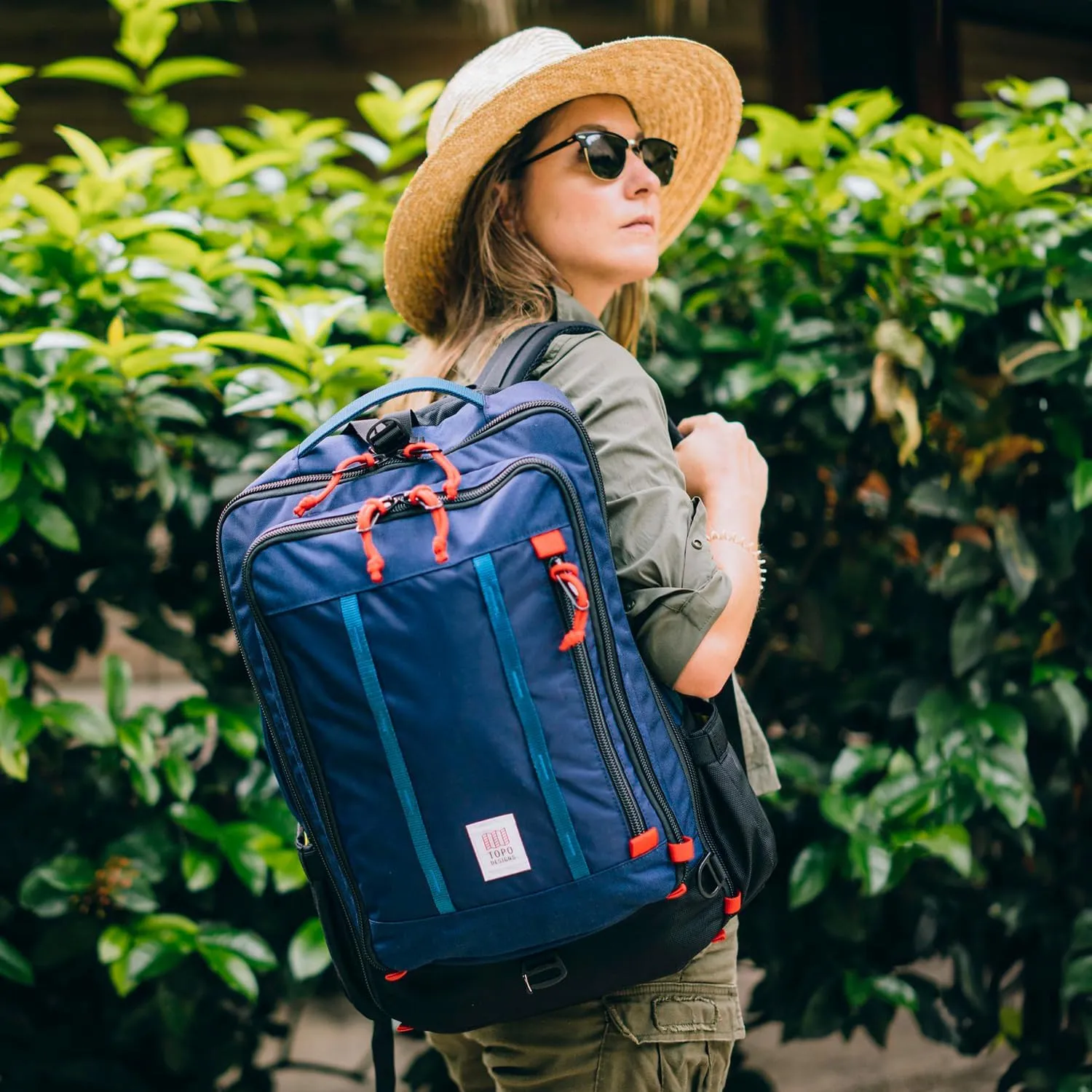 Topo Designs Global Travel Bag 30-40 Liter - Carry-on Compliant Versatile Pack, 3 Carry Options, External Laptop Sleeve (Eco-Friendly, 30L, Caribbean/Dark Khaki)