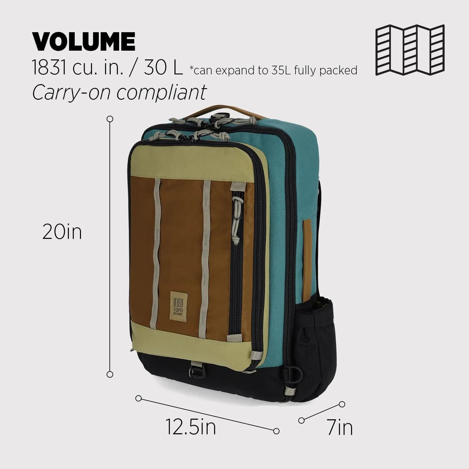 Topo Designs Global Travel Bag 30-40 Liter - Carry-on Compliant Versatile Pack, 3 Carry Options, External Laptop Sleeve (Eco-Friendly, 30L, Caribbean/Dark Khaki)
