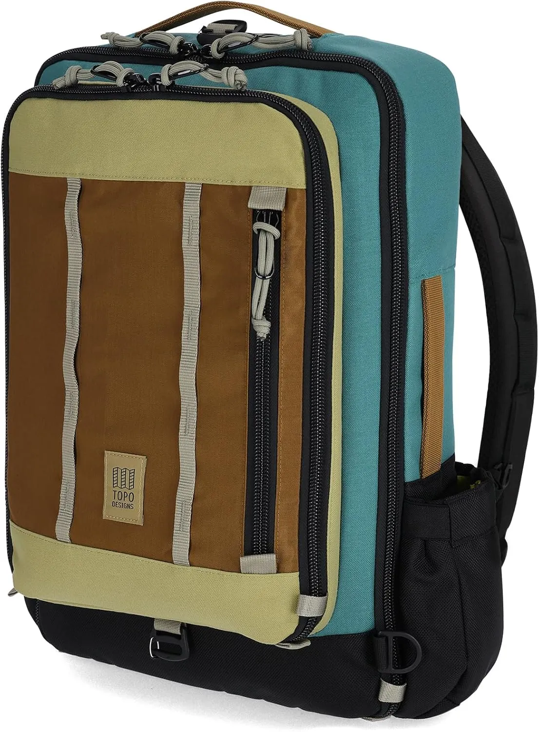 Topo Designs Global Travel Bag 30-40 Liter - Carry-on Compliant Versatile Pack, 3 Carry Options, External Laptop Sleeve (Eco-Friendly, 30L, Caribbean/Dark Khaki)