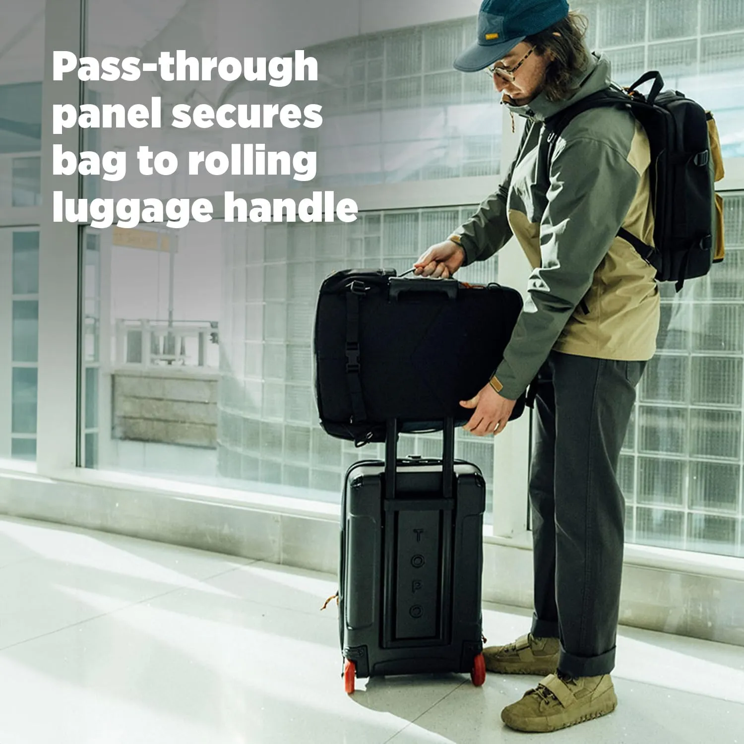 Topo Designs Global Travel Bag 30-40 Liter - Carry-on Compliant Versatile Pack, 3 Carry Options, External Laptop Sleeve (Eco-Friendly, 30L, Caribbean/Dark Khaki)