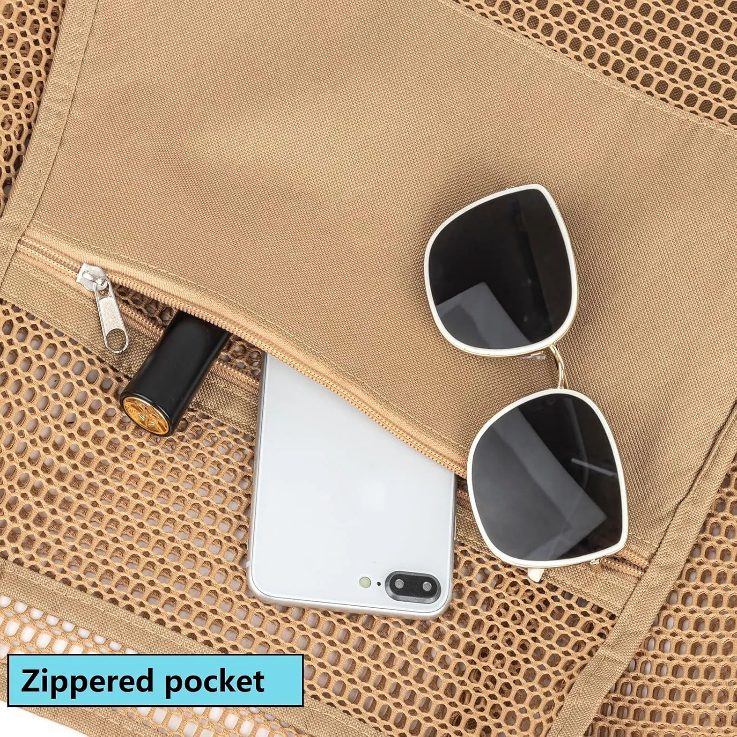 TopTie Mesh Beach Tote Bag, Nylon Shoulder Handbag, Tote Bag with Zippered Pocket for Daily Occasions in Beach, Picnic