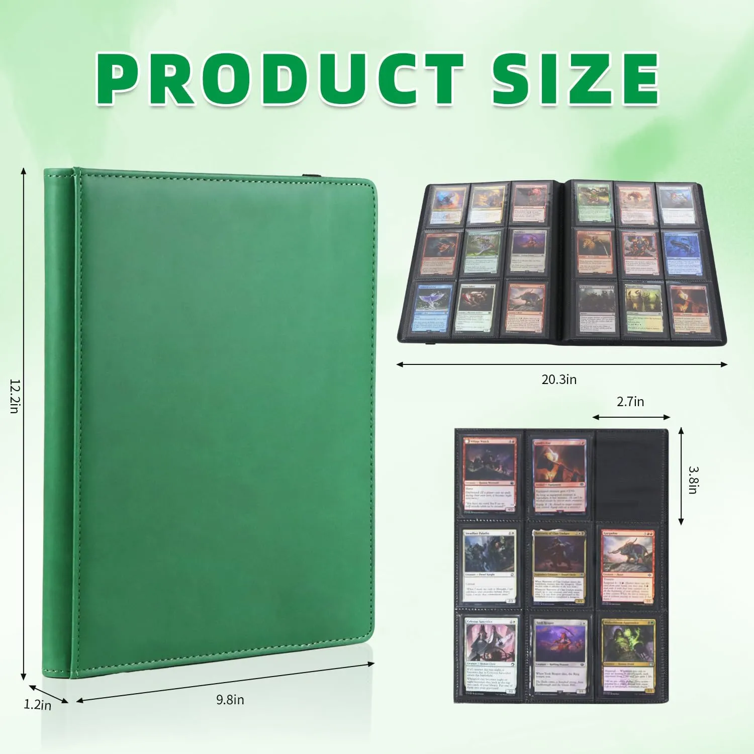 Trading Card Binder 9 Pocket,PU Leather Cover Card Collection Binder for 360 Cards, Side Loading Card Binder, Premium Card Album for MTG, TCG, CCG,Game Cards & Sports Cards, Green