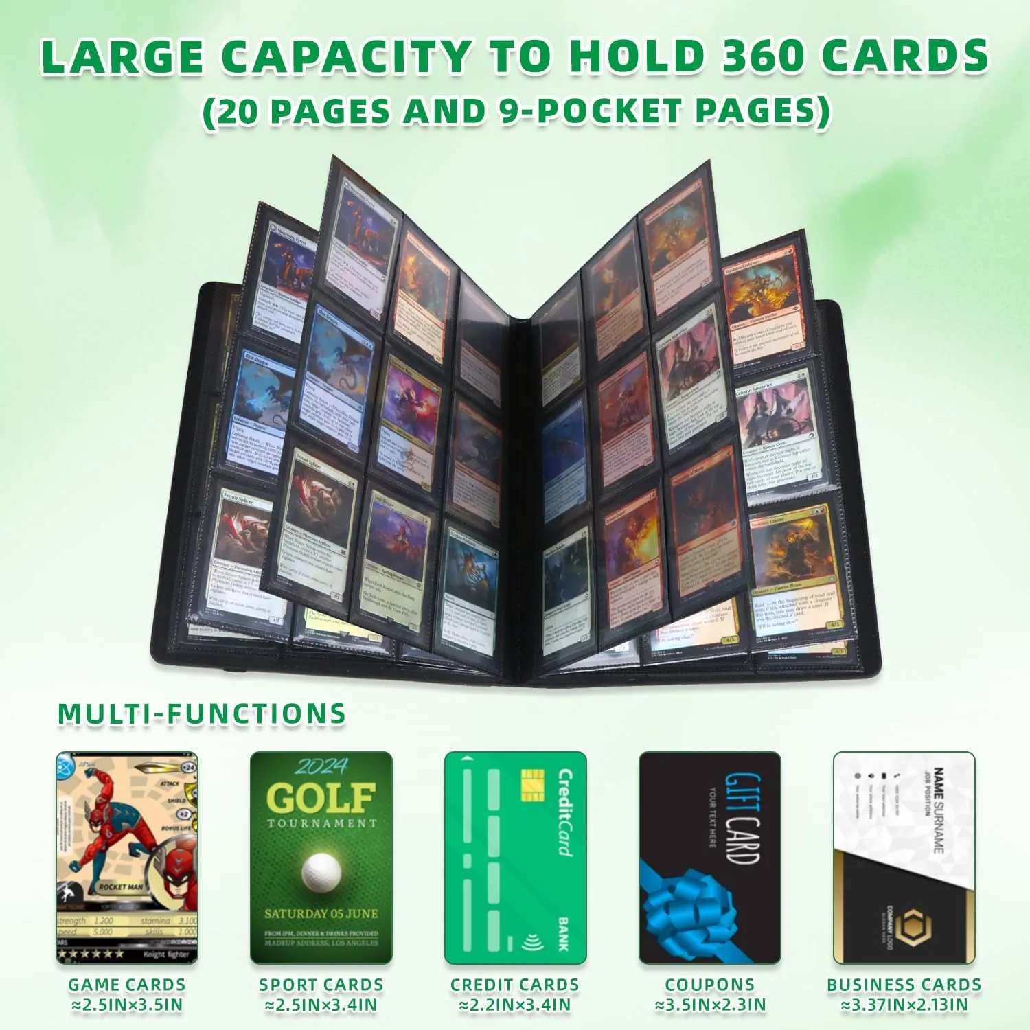 Trading Card Binder 9 Pocket,PU Leather Cover Card Collection Binder for 360 Cards, Side Loading Card Binder, Premium Card Album for MTG, TCG, CCG,Game Cards & Sports Cards, Green
