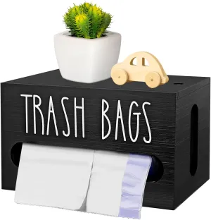 Trash Bag Holder Dispenser, Wooden Garbage Bag Holder with Lid, Countertop or Under Sink, Home Decor Organization