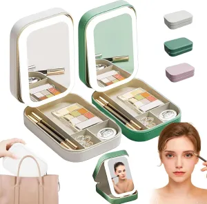 Travel Makeup Mirror, LED 3 Adjustable Color Light Tenddaily Make up Mirror with Storage Box, Foldable, 4k Ultra-Clear Mirror, Portable Travel Cosmetic Bag with Lighted Mirror (White Green)