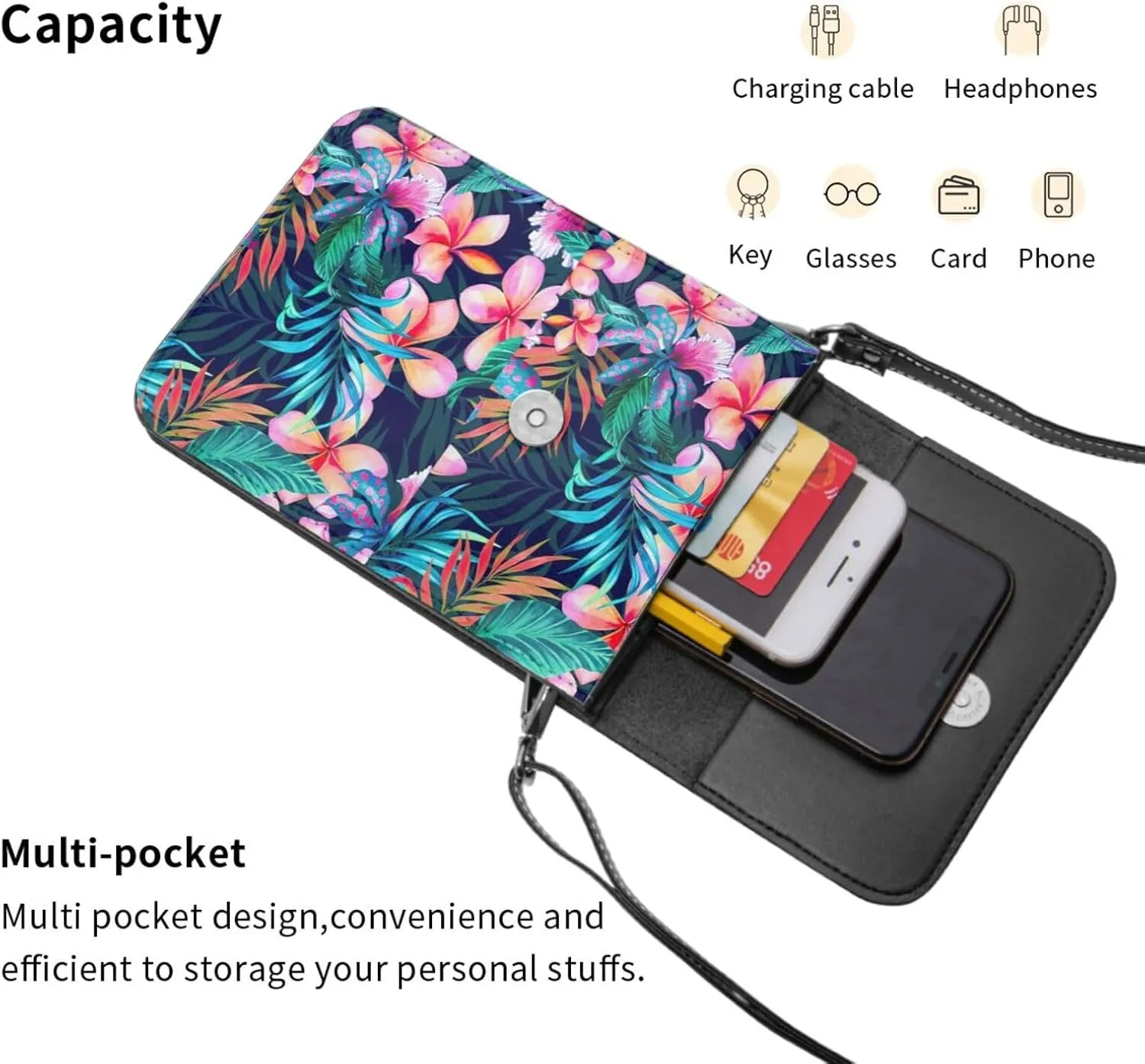 Tropical Flowers Print Small Crossbody Bags Women Card Slots Shoulder Bag Purse Leather Flip Phone Wallet