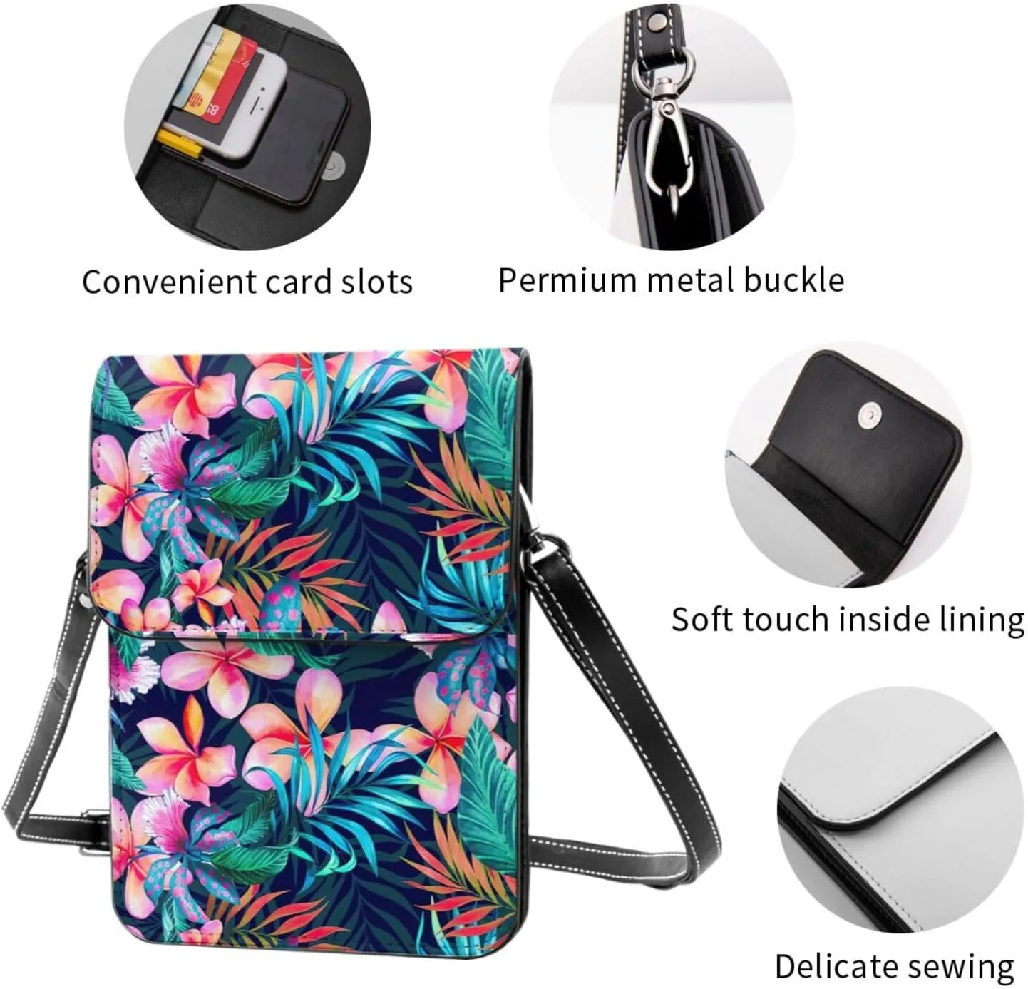 Tropical Flowers Print Small Crossbody Bags Women Card Slots Shoulder Bag Purse Leather Flip Phone Wallet