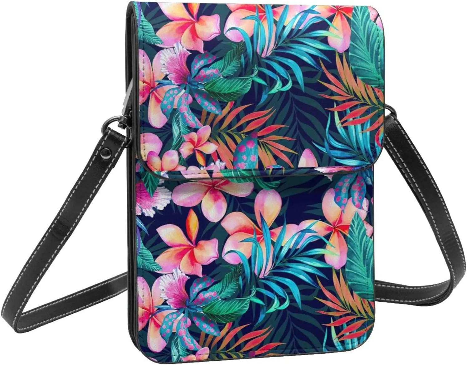 Tropical Flowers Print Small Crossbody Bags Women Card Slots Shoulder Bag Purse Leather Flip Phone Wallet