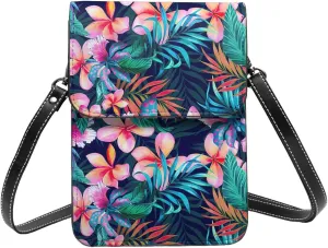Tropical Flowers Print Small Crossbody Bags Women Card Slots Shoulder Bag Purse Leather Flip Phone Wallet