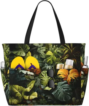 Tropical Rainforest Palm Leaves Waterproof Durable Lightweight Tote Bag â€“ Travel Handbag with Multi-Pocket Design and Stylish Honeycomb Pattern, Black, One Size