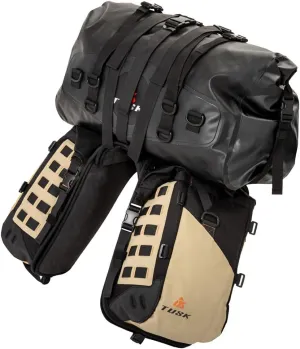 TUSK Highland X2 Rackless Luggage System w/Medium Dry Duffel Tail Bag Standard Heat Shield Black/Tan for KTM 500 EXC-F 2020-2024